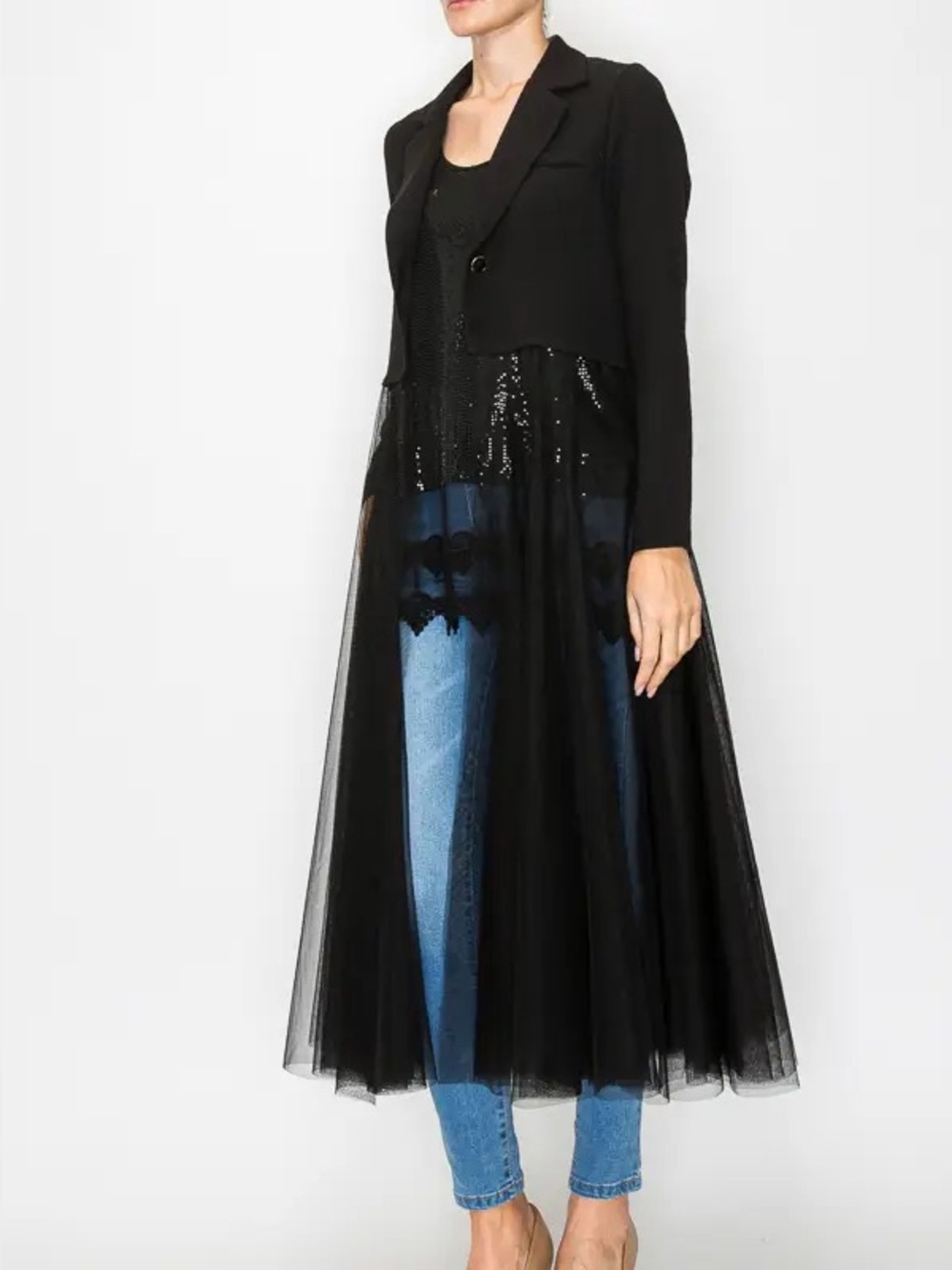 Sheer Black Tulle Long Overlay Jacket s
